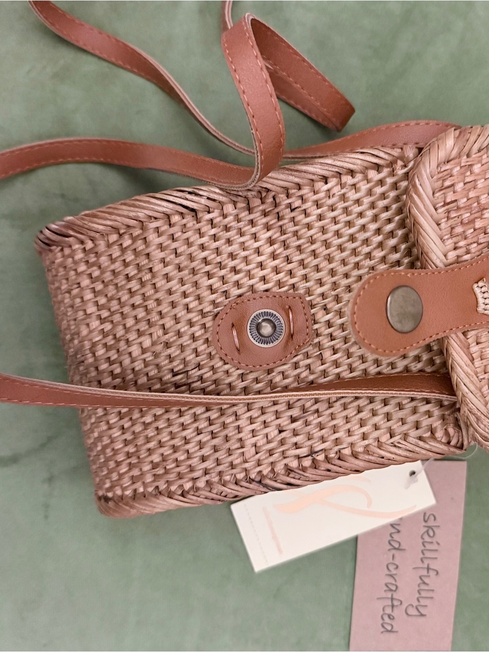 Woven Straw Crossbody with Tan Faux-Leather Trim